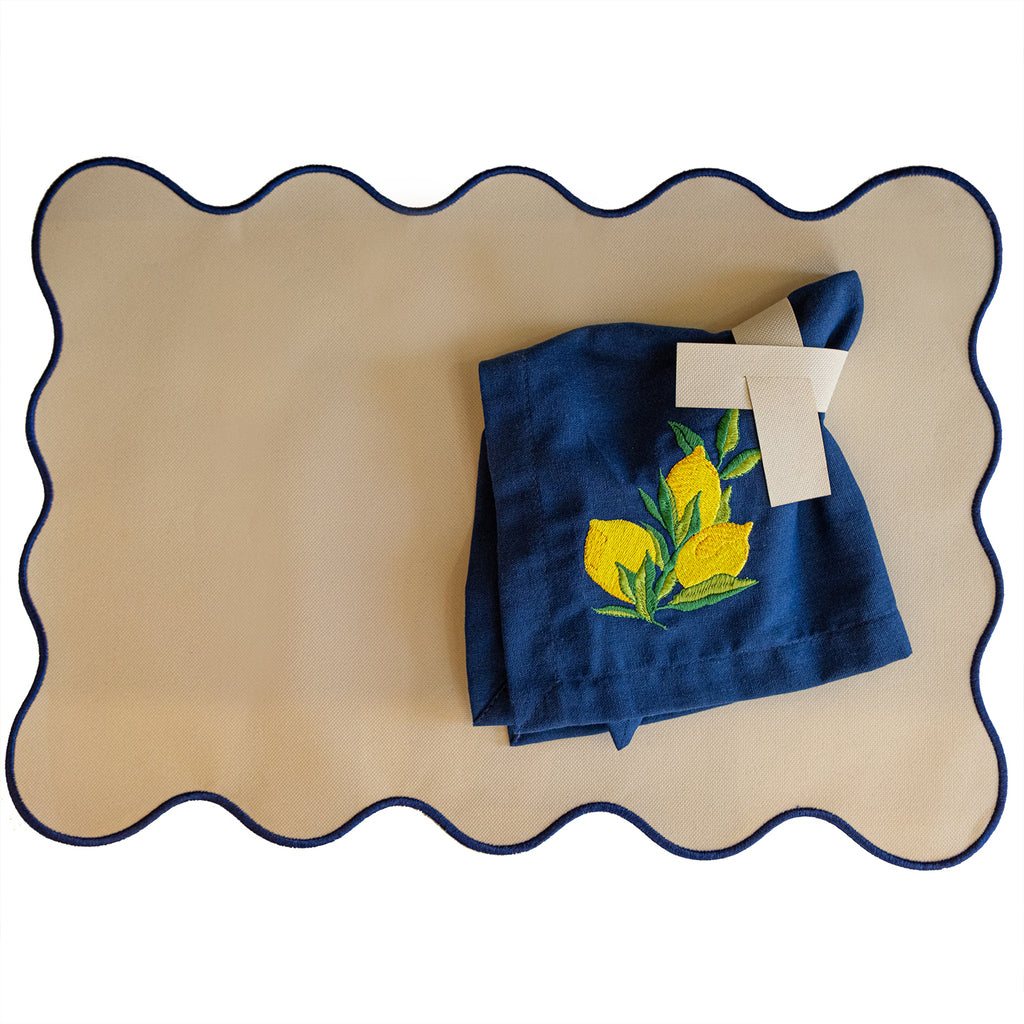 Kit Lugar Americano Ondulado + Guardanapo Marinho Bordado Limão Siciliano