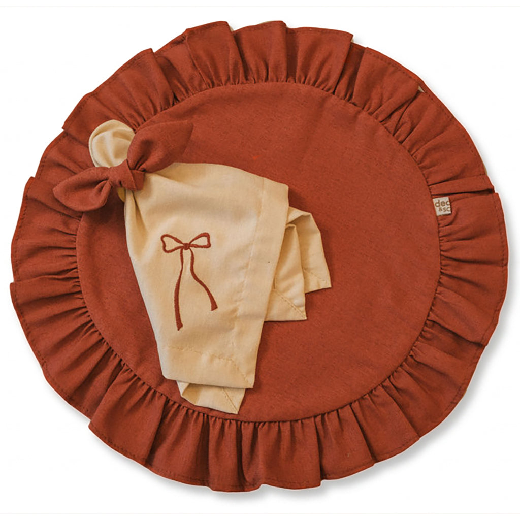 Kit Lugar Americano Redondo Terracota com Babado em Linho + Guardanapo Bordado Laço