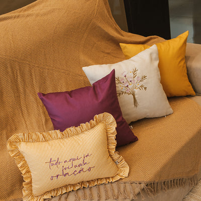 Kit 4 Capas de Almofadas Farmhouse Amarelo & Roxo + Baguete Babado Xadrez BordadoFrase