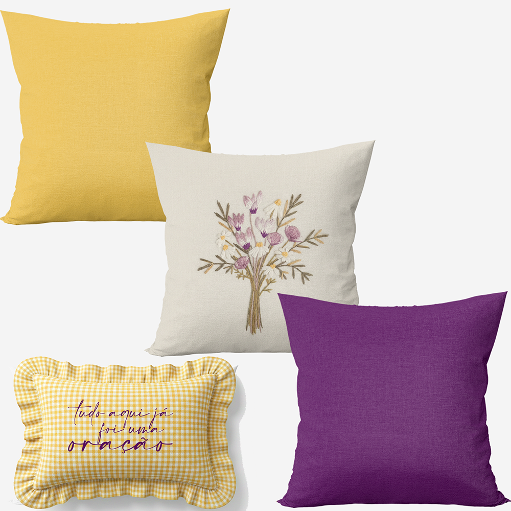 Kit 4 Capas de Almofadas Farmhouse Amarelo & Roxo + Baguete Babado Xadrez BordadoFrase