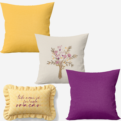 Kit 4 Capas de Almofadas Farmhouse Amarelo & Roxo + Baguete Babado Xadrez BordadoFrase