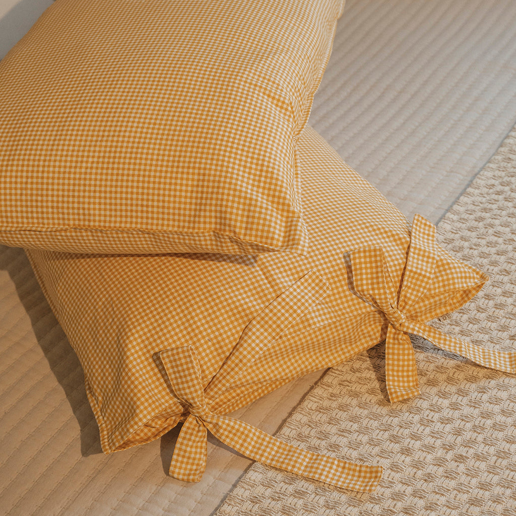 Fronha com Laço Xadrez Vichy em Algodão Estilo Farmhouse 50x70 cm Amarelo - UNIDADE