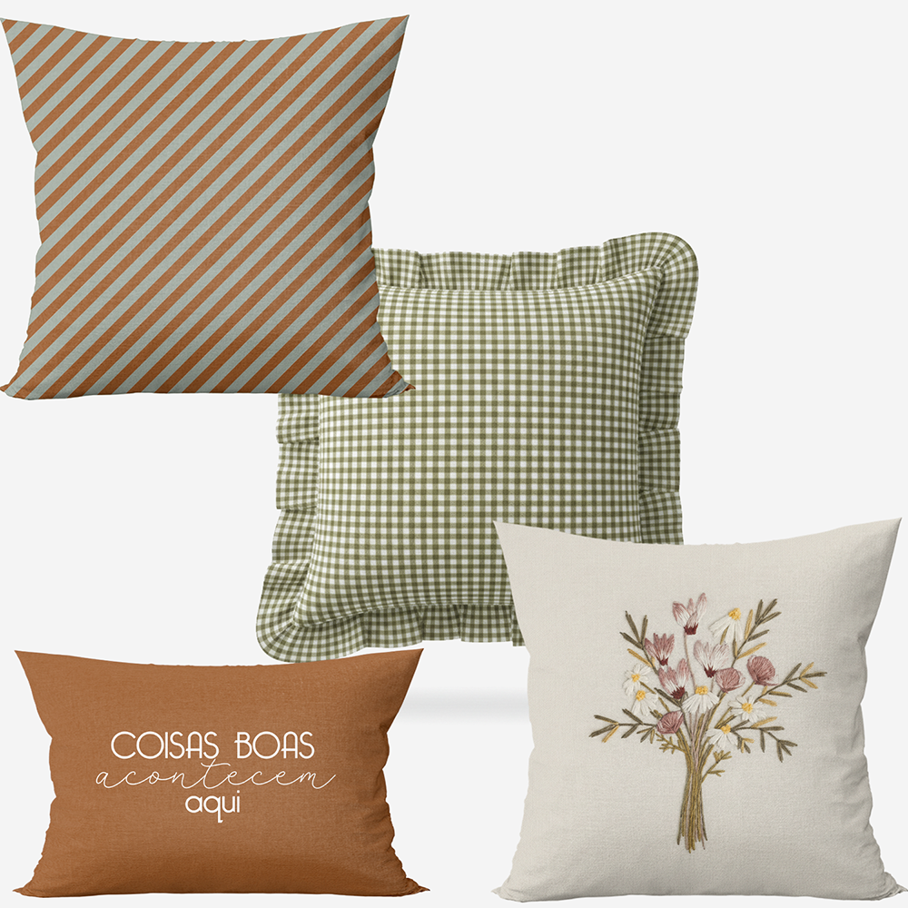Kit 4 Capas de Almofadas Farmhouse Terracota & Verde com Bordado Floral + Baguete Frase