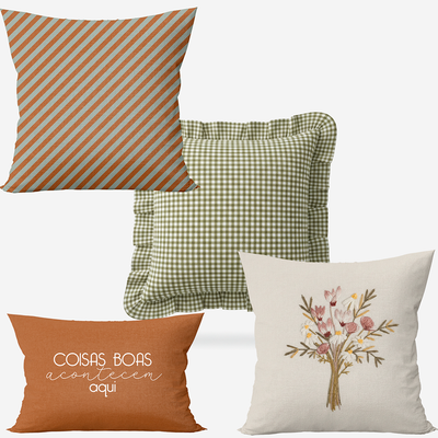 Kit 4 Capas de Almofadas Farmhouse Terracota & Verde com Bordado Floral + Baguete Frase