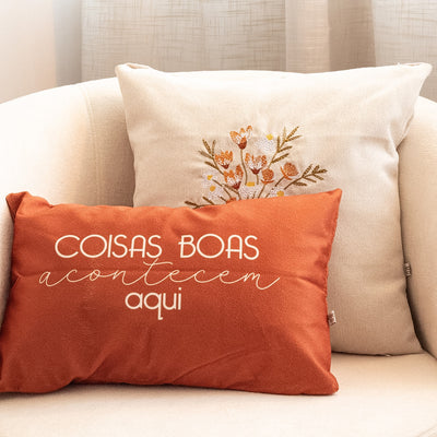 Kit 4 Capas de Almofadas Farmhouse Terracota & Verde com Bordado Floral + Baguete Frase