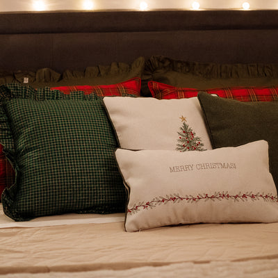 Kit 4 Capas de Almofadas Natal Farmhouse Babado Xadrez e Bordados - Verde