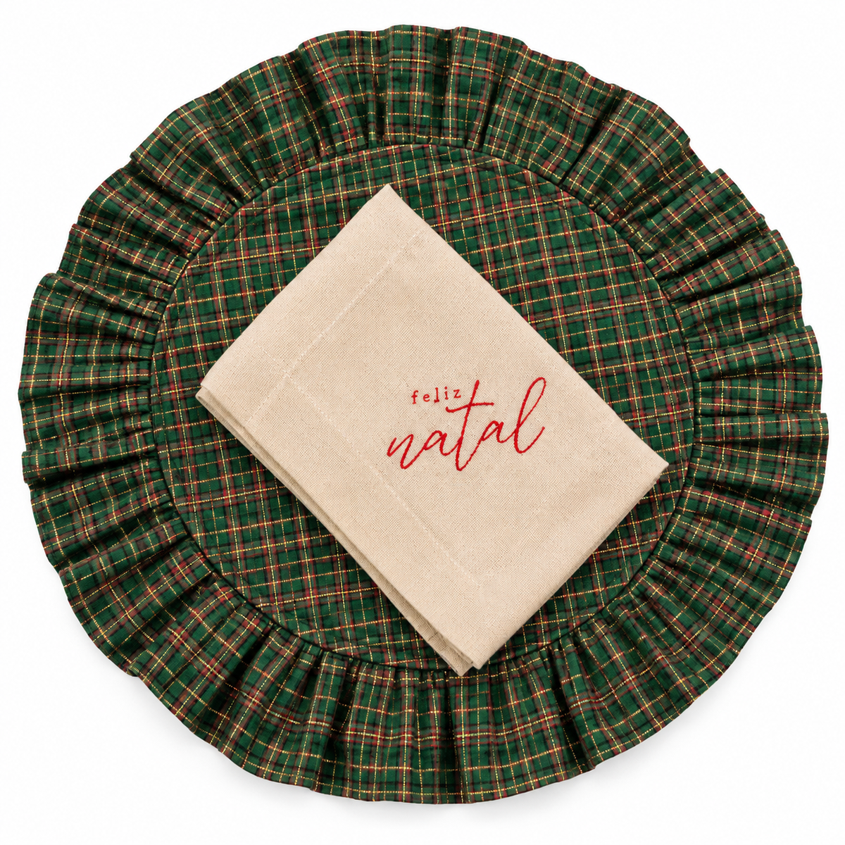 Kit Lugar Americano Xadrez Verde com Babado + guardanapo Feliz Natal
