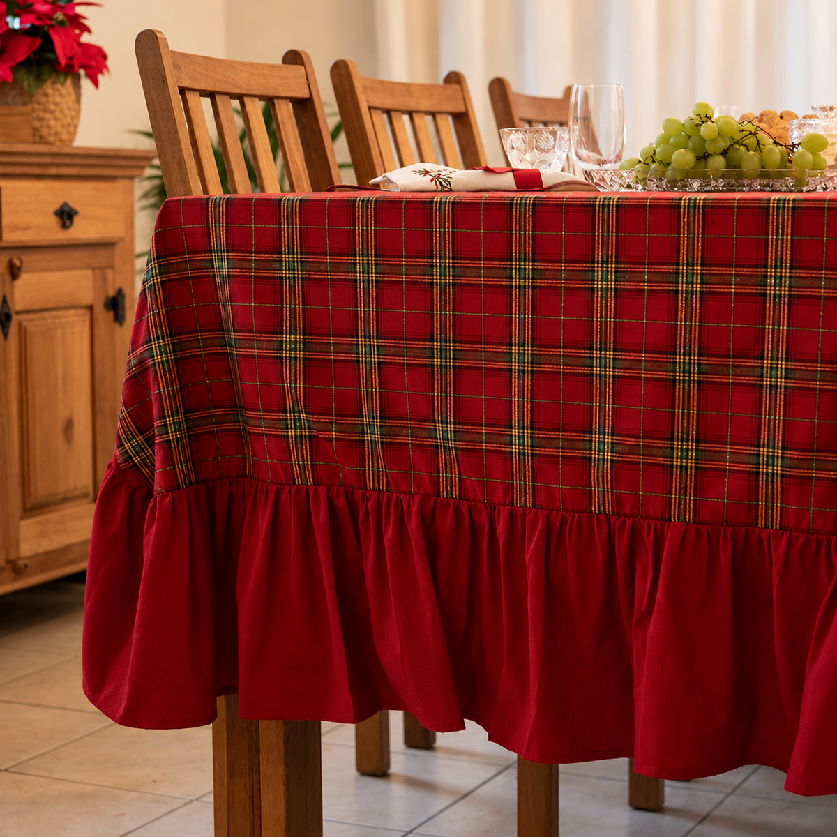 Toalha de Mesa Natal Xadrez Vermelha com Babado