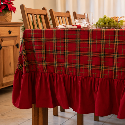Toalha de Mesa Natal Xadrez Vermelha com Babado