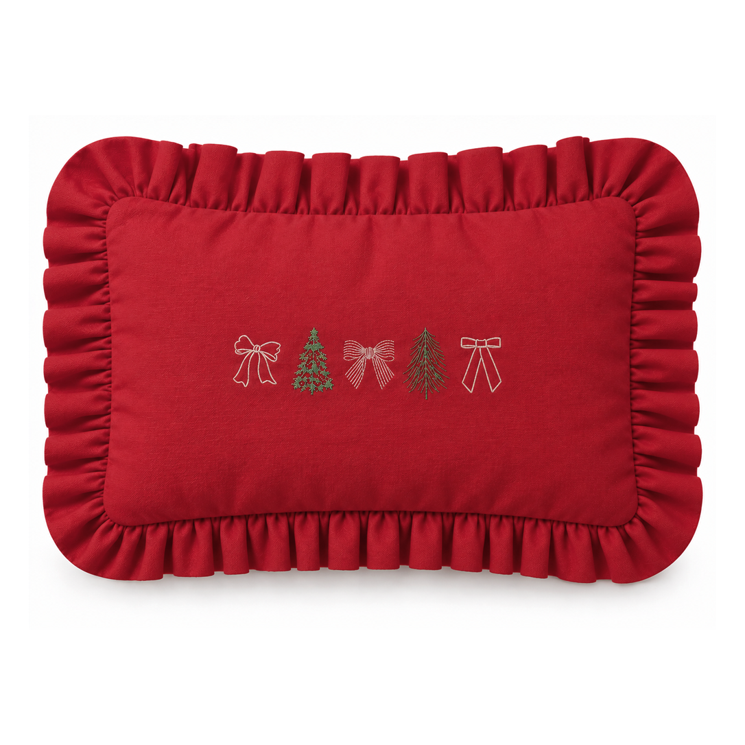 Almofada Baguete Natal Vermelha com Babado e Bordados – 45x30 cm