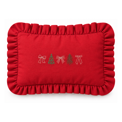 Almofada Baguete Natal Vermelha com Babado e Bordados – 45x30 cm