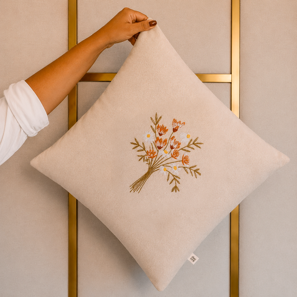 Almofada Bordada Buquê Floral Linho Cru 45x45 cm