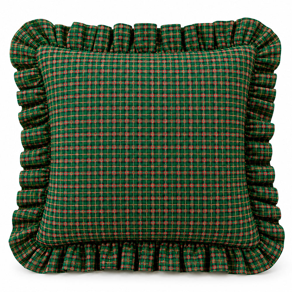 Almofada Natal Xadrez Verde com Lurex e Babado – 45x45 cm