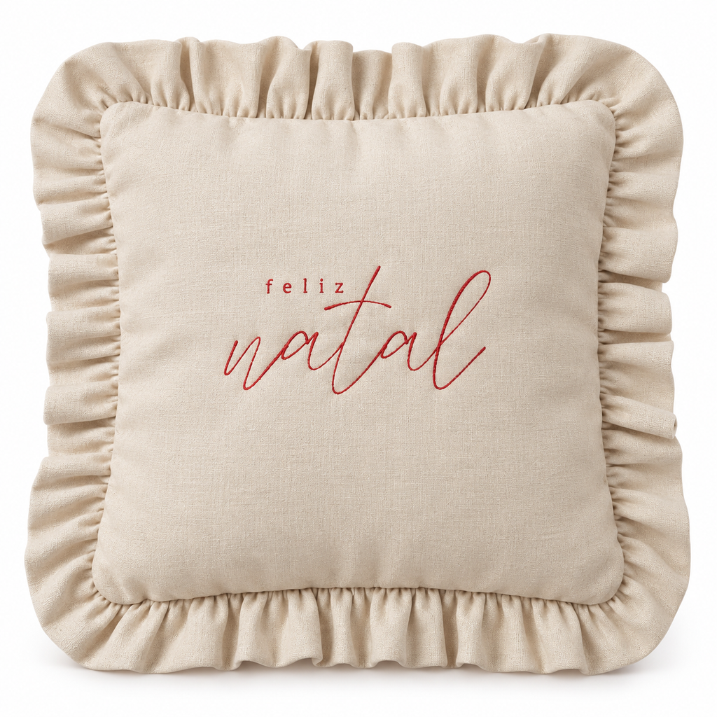 Almofada Feliz Natal Bordada com Babado Linho Cru– 45x45 cm
