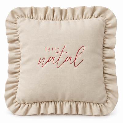 Almofada Feliz Natal Bordada com Babado Linho Cru– 45x45 cm