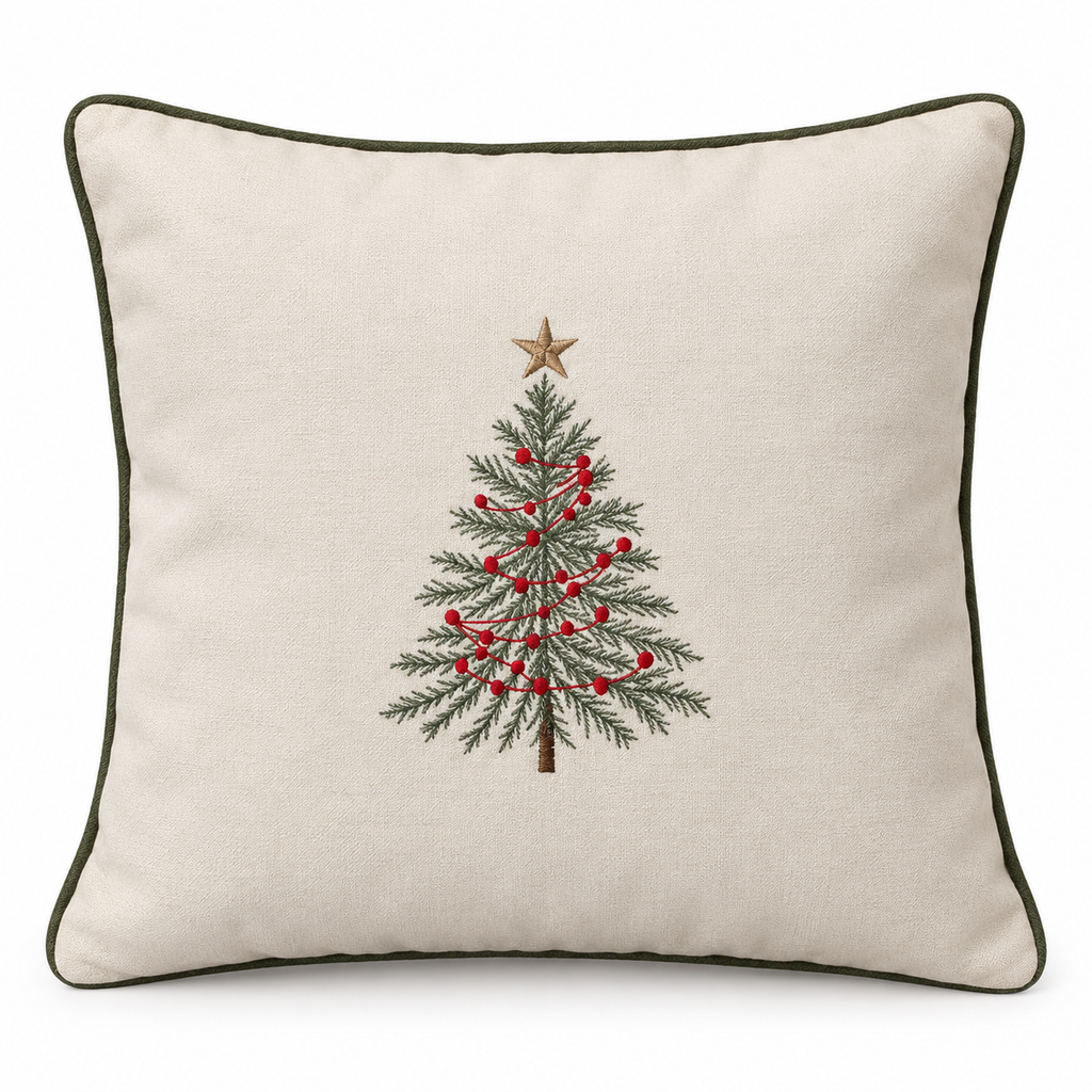 Almofada Bordada Árvore de Natal em Linho Cru – 45x45 cm