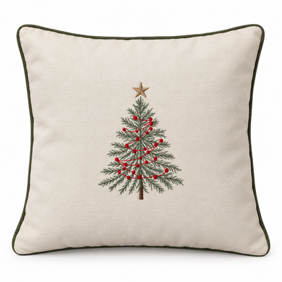 Almofada Bordada Árvore de Natal em Linho Cru – 45x45 cm