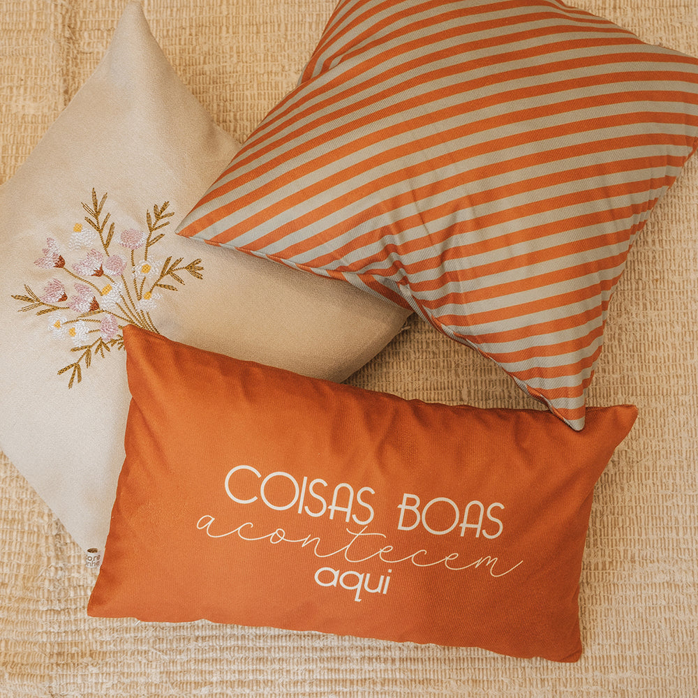 Kit 4 Capas de Almofadas Farmhouse Terracota & Verde com Bordado Floral + Baguete Frase
