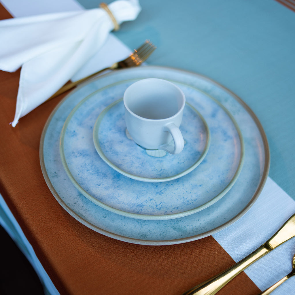 Toalha de mesa em linho rústico listras - terracota e verde