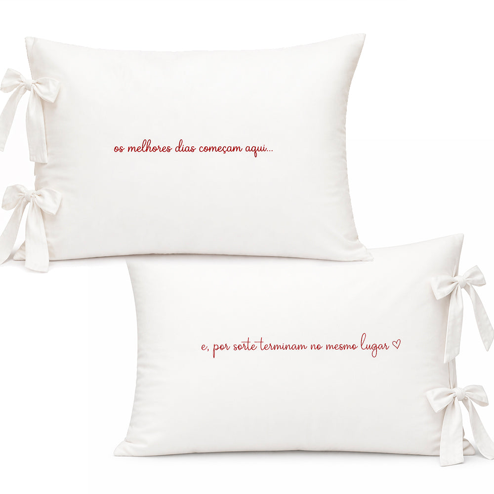 Dupla de Fronhas de Laço com Frase Bordada | 100% Algodão | 50x70 cm | Branco