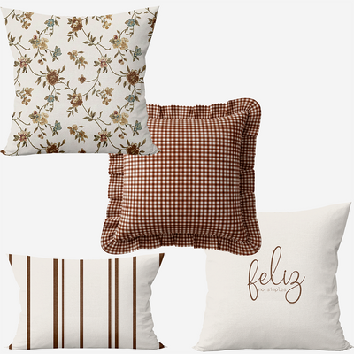 Kit 4 Capas de Almofadas Farmhouse Floral & Xadrez Marrom Babado + Baguete Listrada
