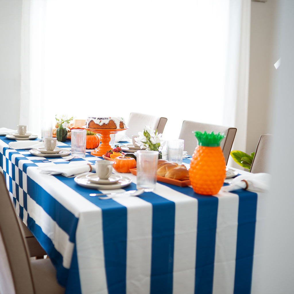 Toalha de Mesa em Linho Estampas Listras + Xadrez - azul