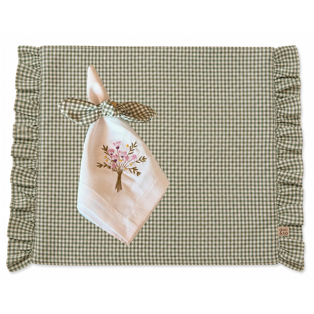 Kit Lugar Americano Xadrez Verde com Babado + Guardanapo Bordado Floral