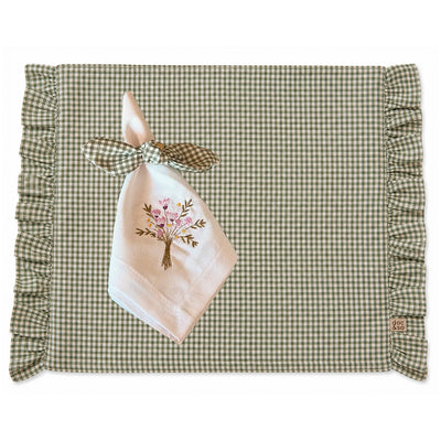 Kit Lugar Americano Xadrez Verde com Babado + Guardanapo Bordado Floral
