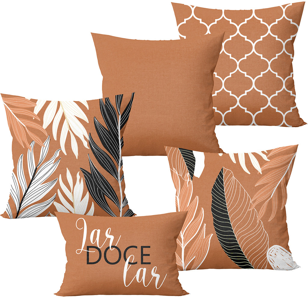Kit 5 capas de almofadas folhagem terracota