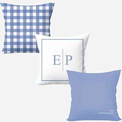 Kit 3 capas de almofadas personalizadas com iniciais do casal - azul