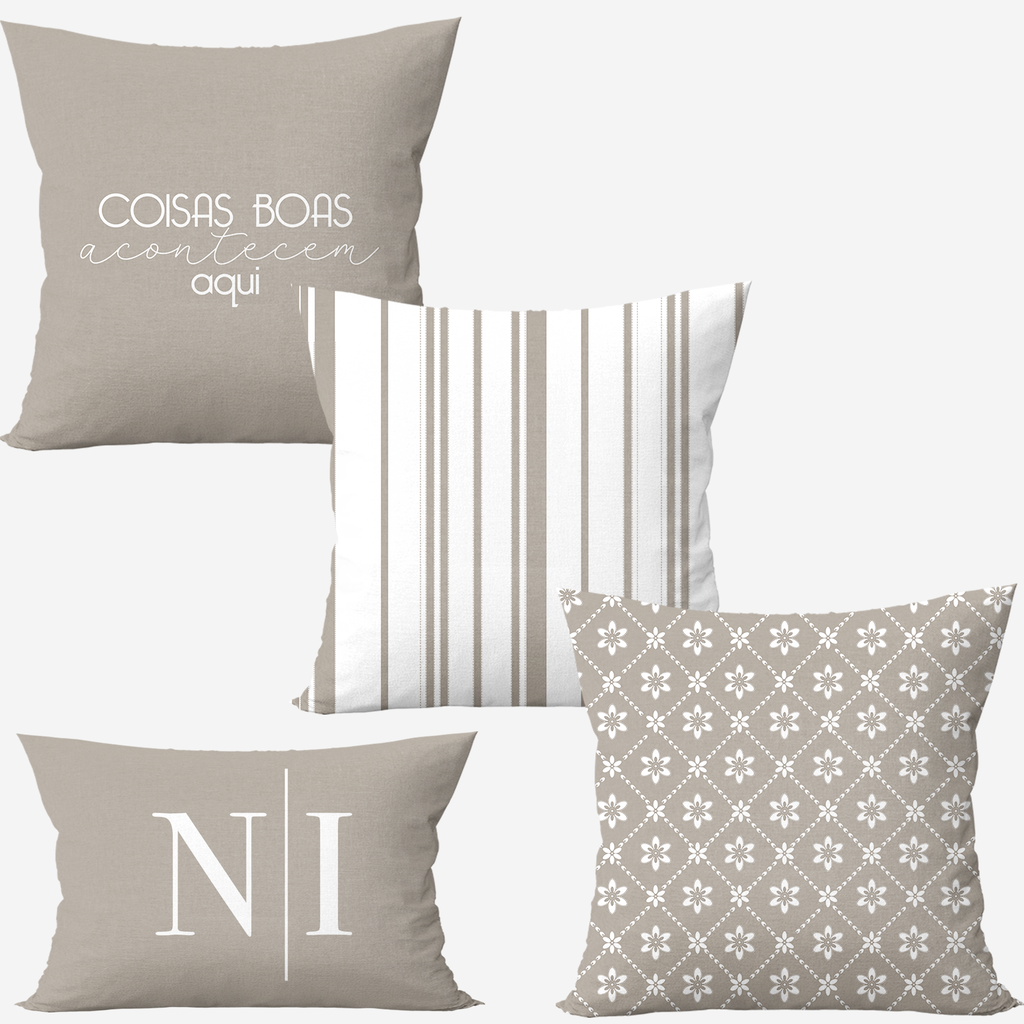 Kit 4 capas de almofadas coisas boas acontecem aqui e baguete personalizada iniciais