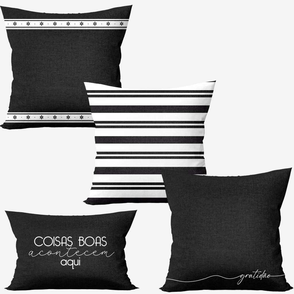Kit 4 capas de almofadas coisas boas acontecem aqui - preto e branco