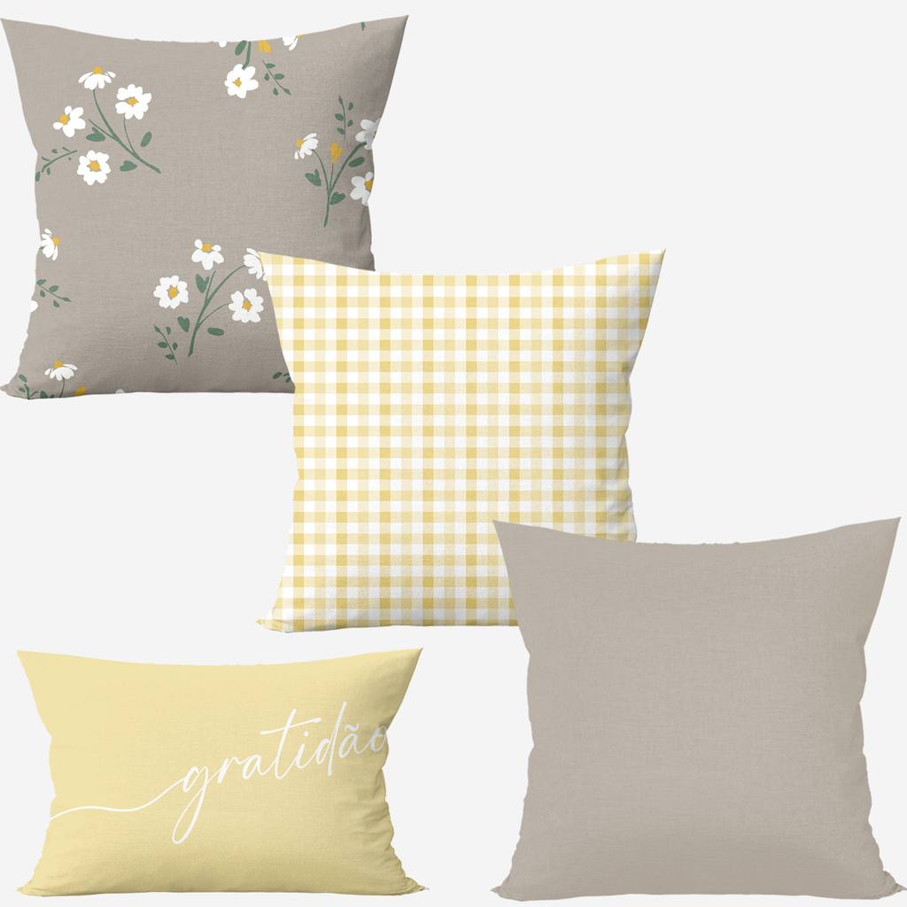 Kit 4 capas de almofadas xadrez floral - amarelo manteiga