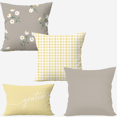 Kit 4 capas de almofadas xadrez floral - amarelo manteiga