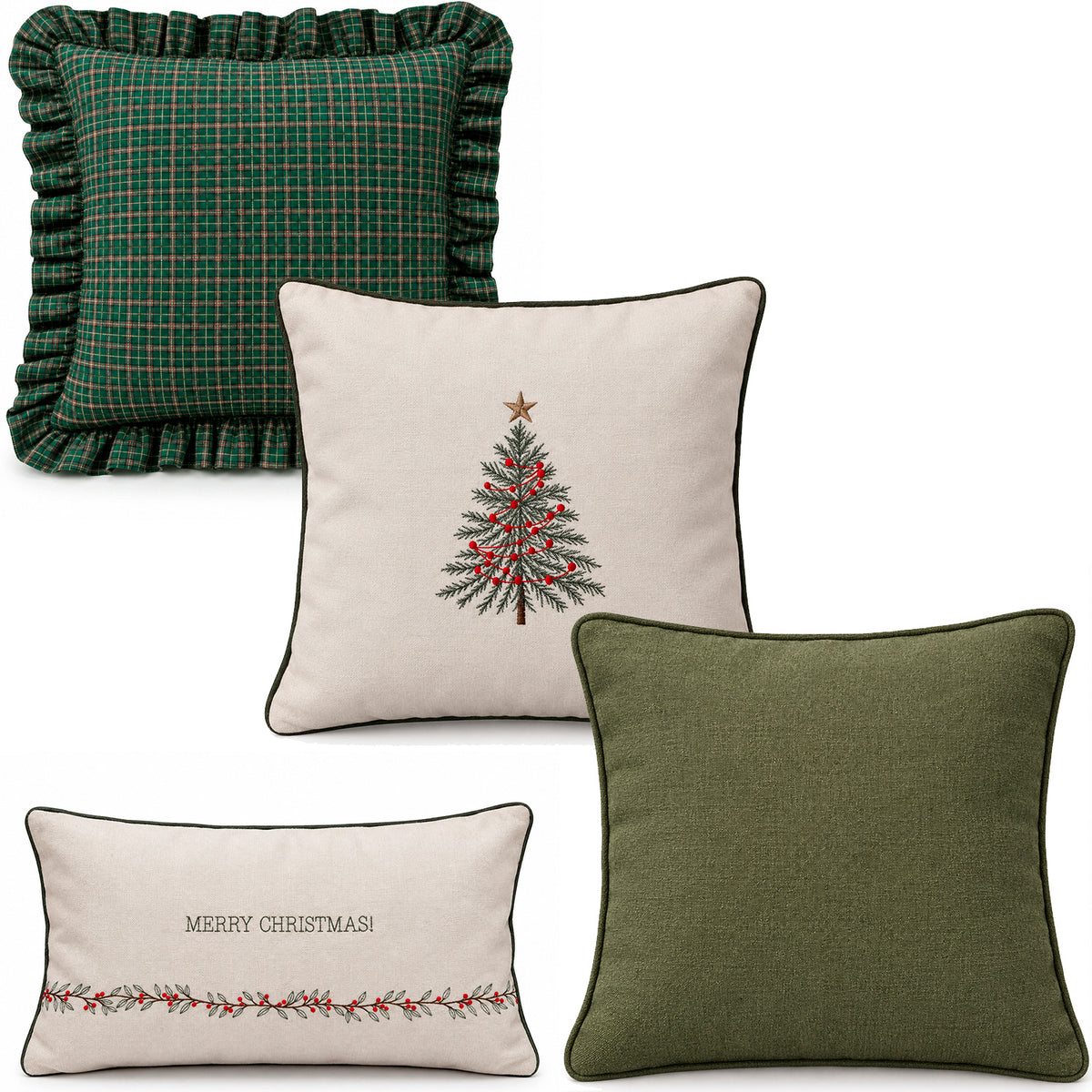 Kit 4 Capas de Almofadas Natal Farmhouse Babado Xadrez e Bordados - Verde