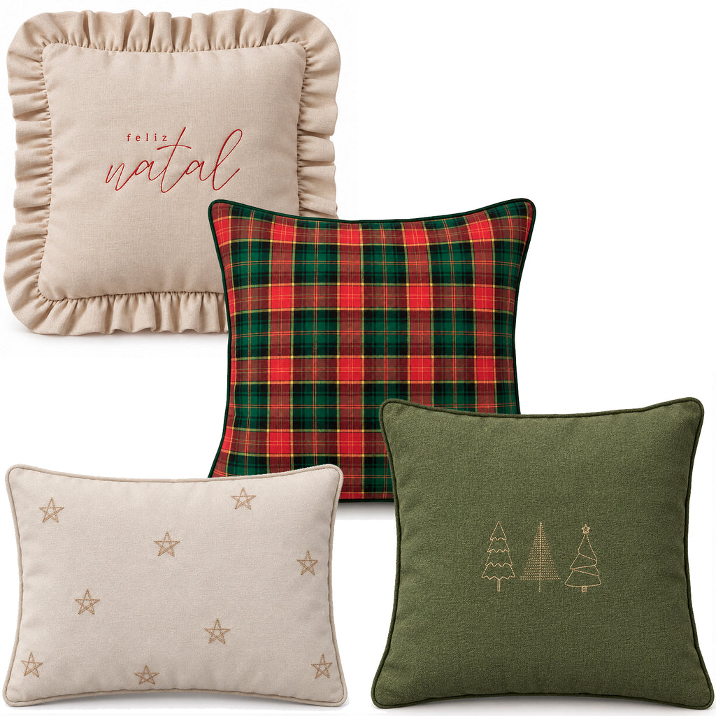 Kit 4 Capas de Almofadas Natal Farmhouse Clássico Xadrez - Verde Vermelho