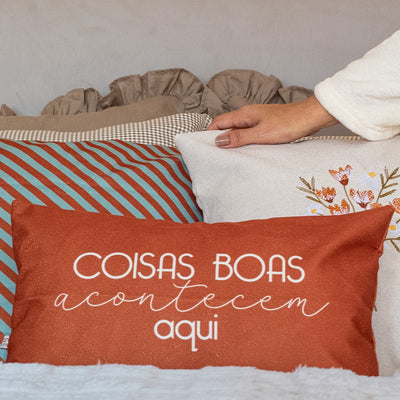 Kit 4 Capas de Almofadas Farmhouse Terracota & Verde com Bordado Floral + Baguete Frase