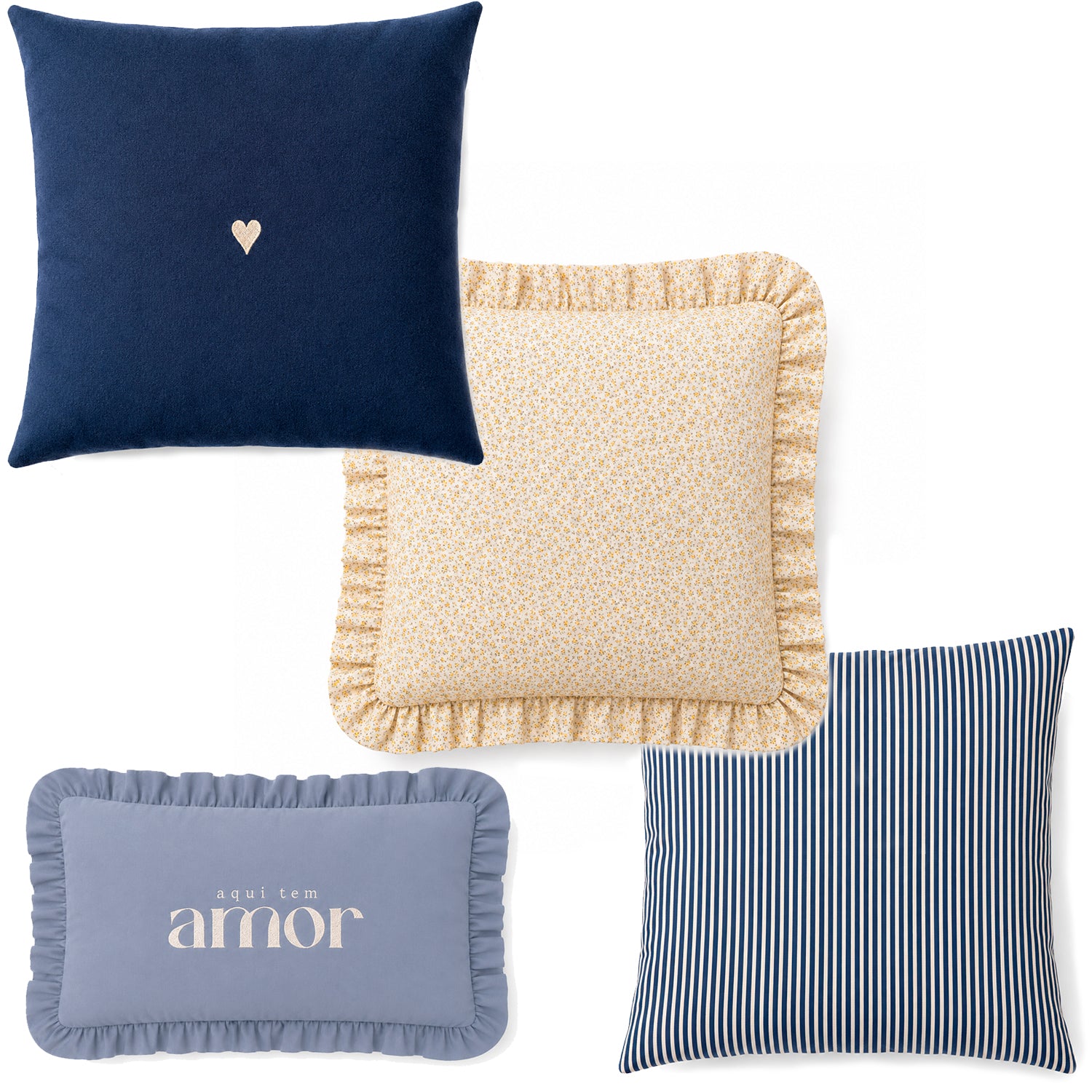 Kit 4 Capas de Almofadas Farmhouse Babado floral e Azul Romântico Bordado
