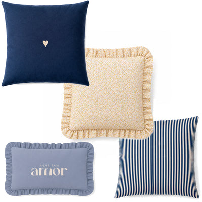 Kit 4 Capas de Almofadas Farmhouse Babado floral e Azul Romântico Bordado