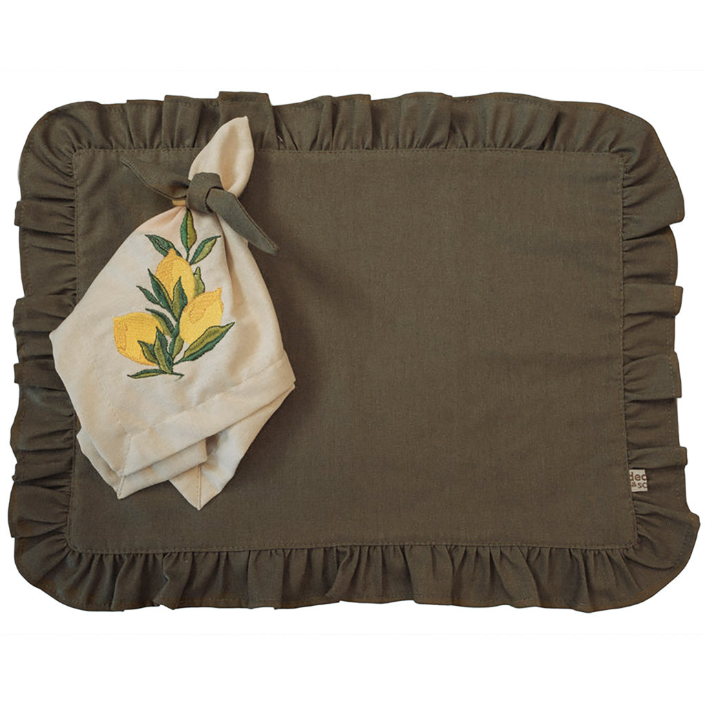 Kit Lugar Americano Linho Verde com Babado + Guardanapo Bordado Limão Siciliano