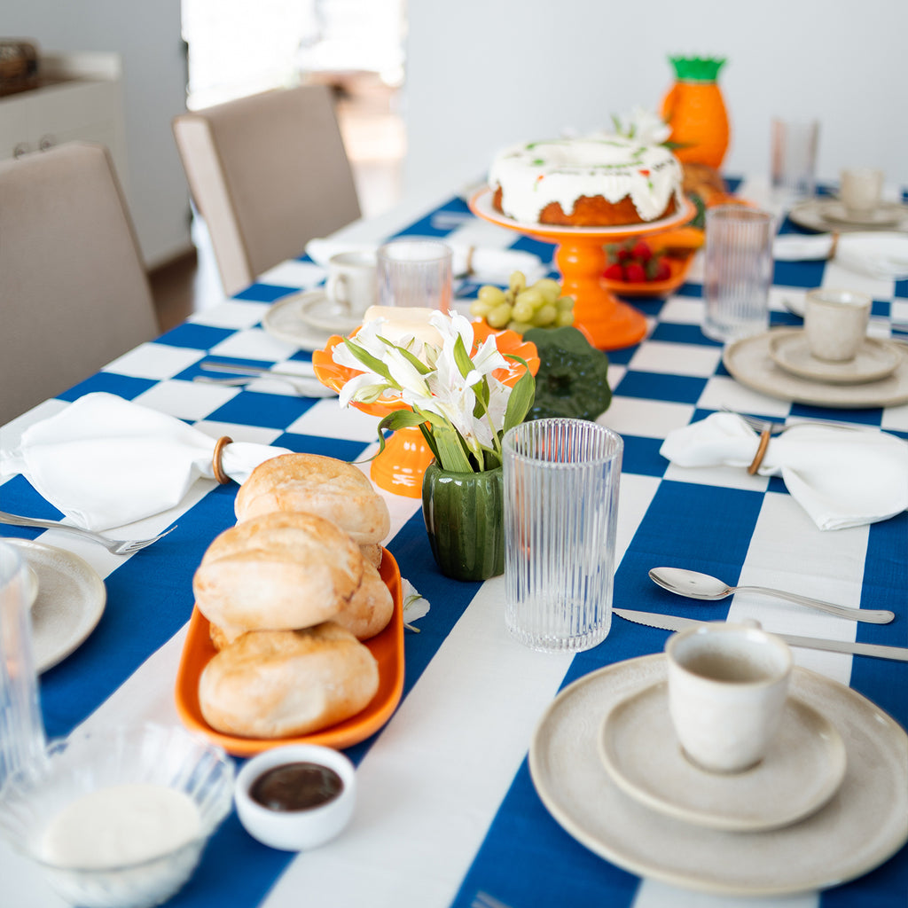 Toalha de Mesa em Linho Estampas Listras + Xadrez - azul