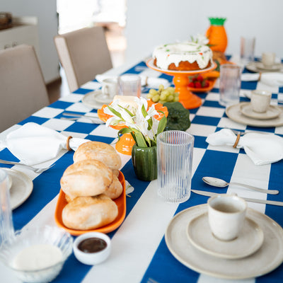 Toalha de Mesa em Linho Estampas Listras + Xadrez - azul
