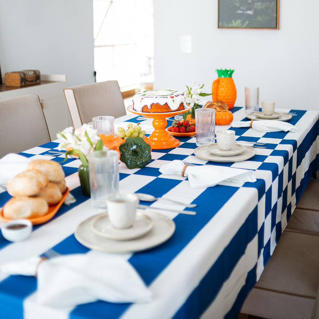 Toalha de Mesa em Linho Estampas Listras + Xadrez - azul