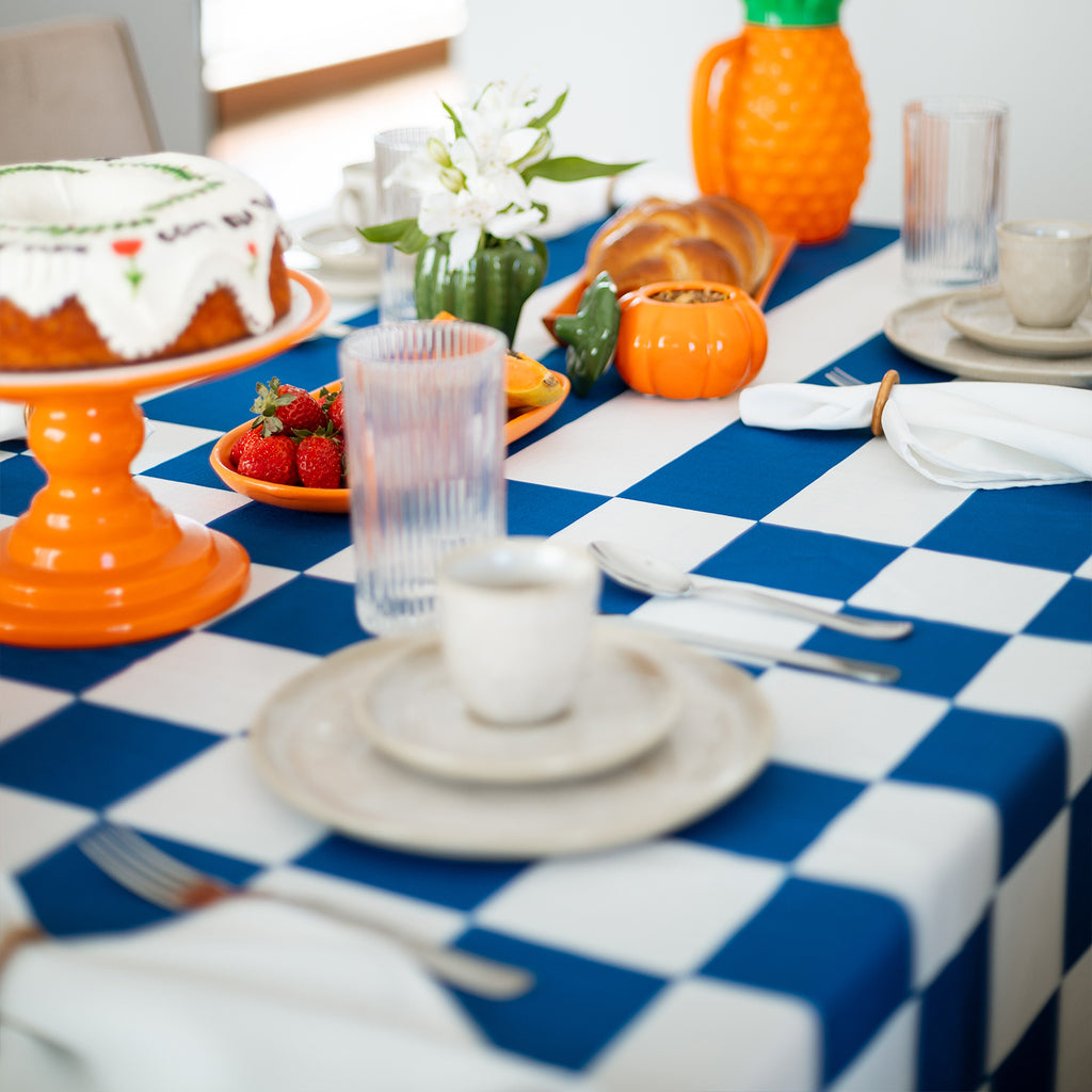 Toalha de Mesa em Linho Estampas Listras + Xadrez - azul