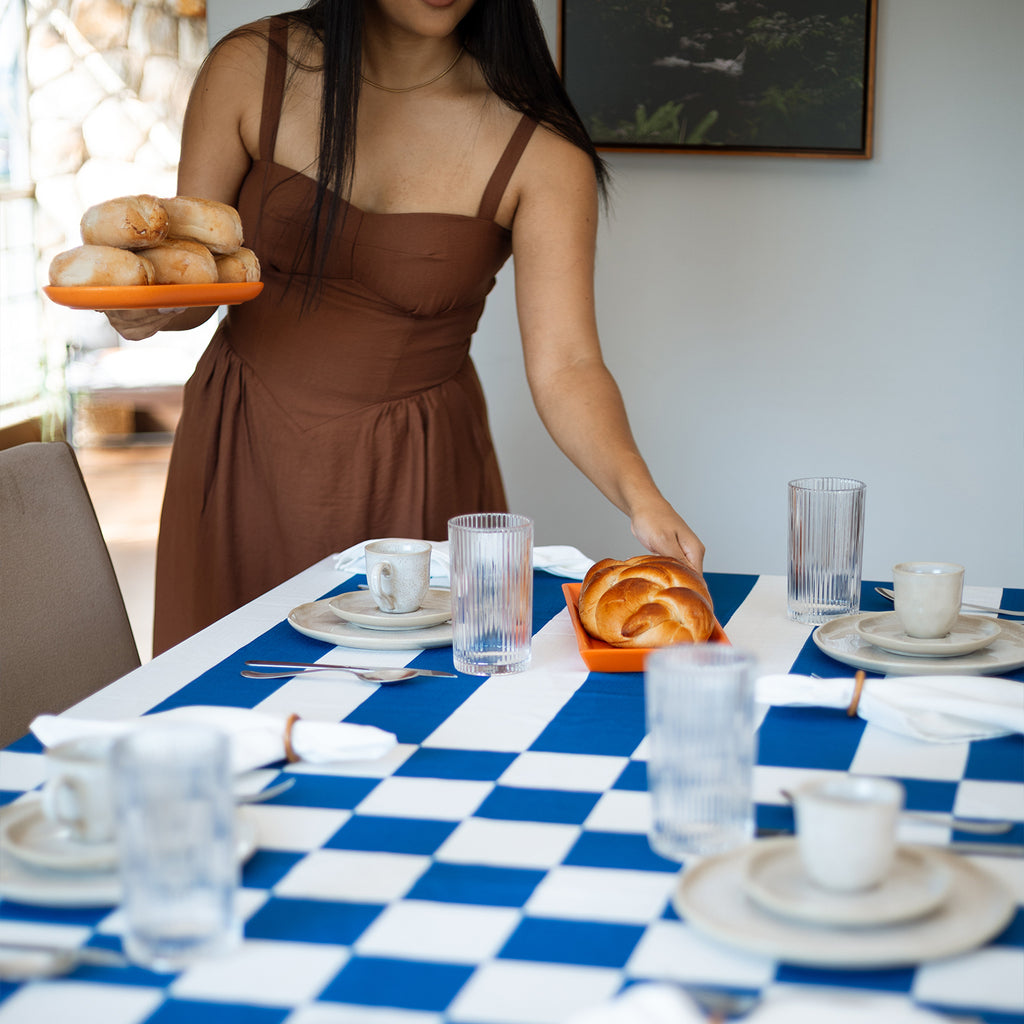 Toalha de Mesa em Linho Estampas Listras + Xadrez - azul